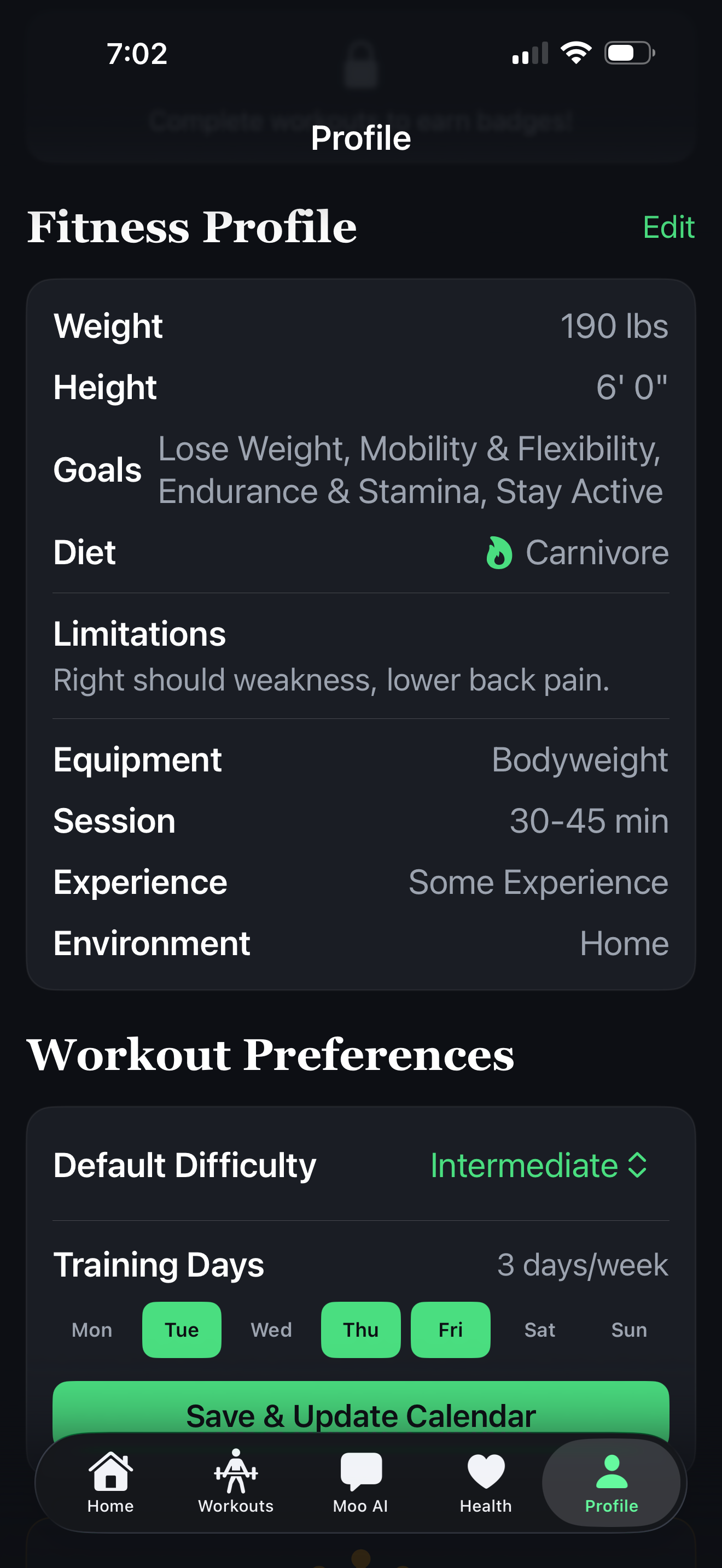 Fitness profile with goals and workout preferences