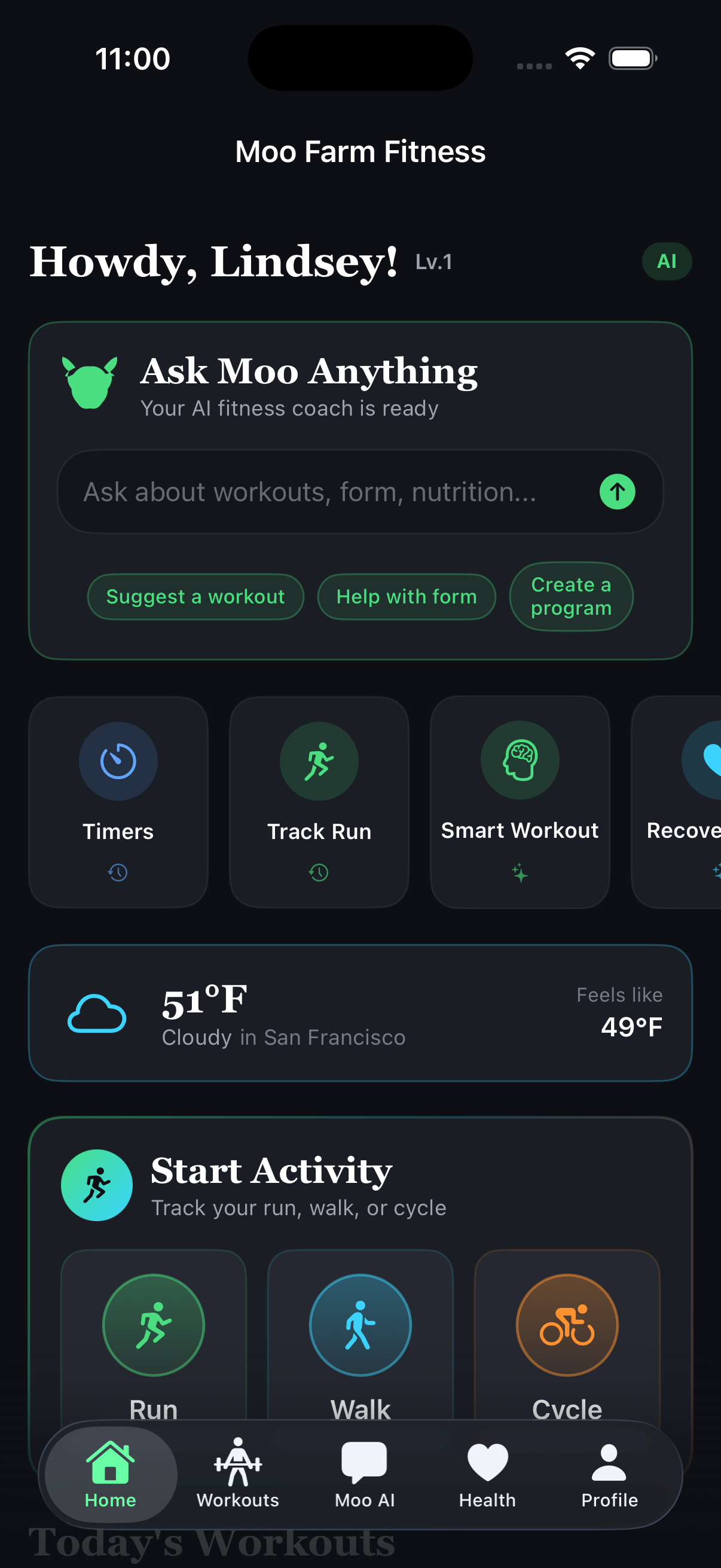 Moo Farm Fitness home screen