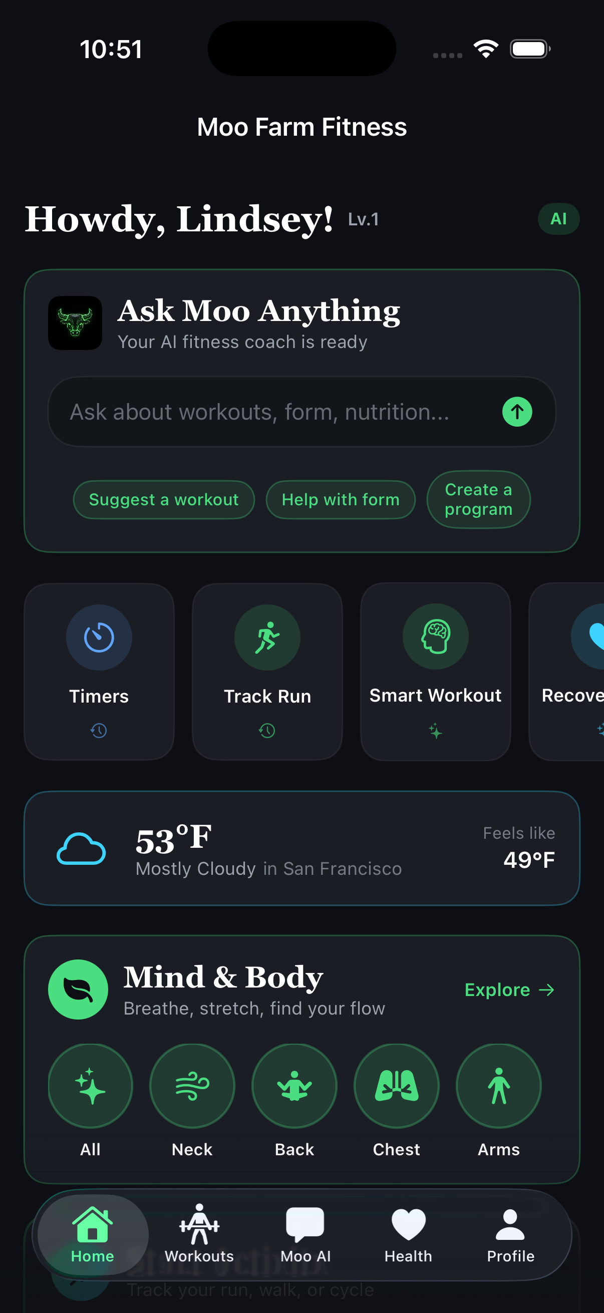 Moo Farm Fitness home screen