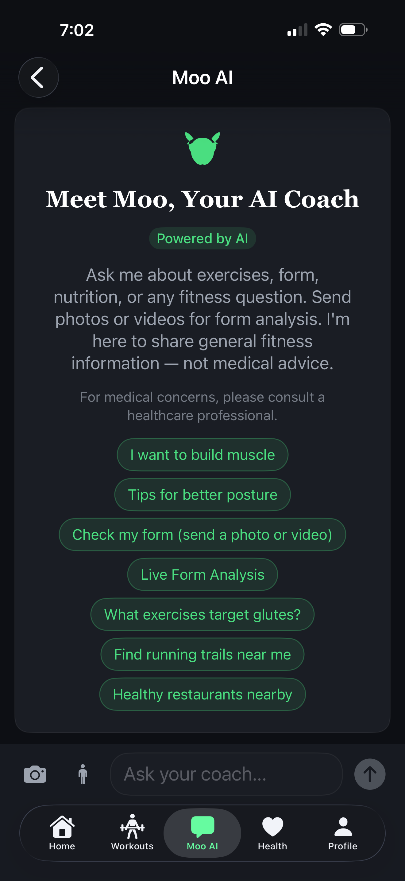 Moo AI coach chat interface with smart suggestions