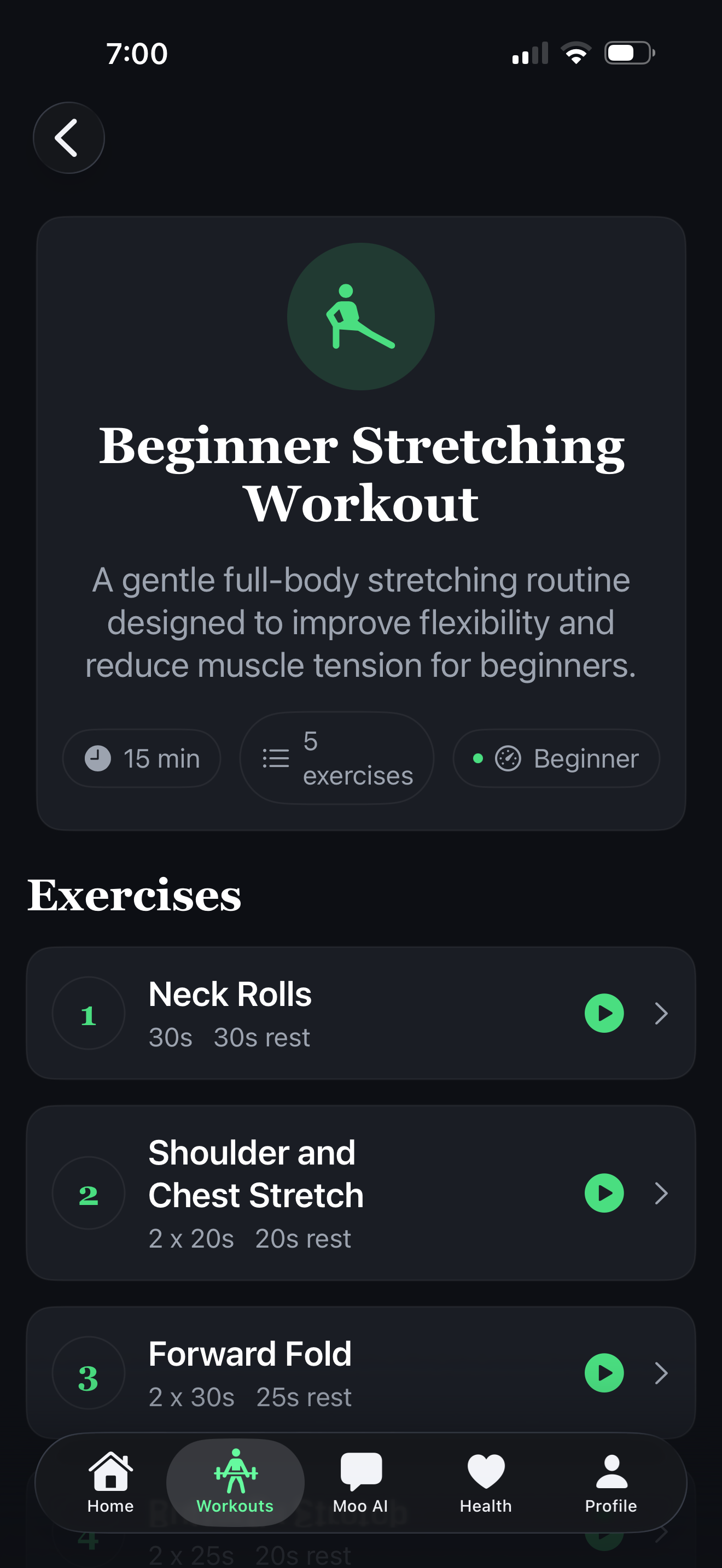 Workout detail with exercise list and sets